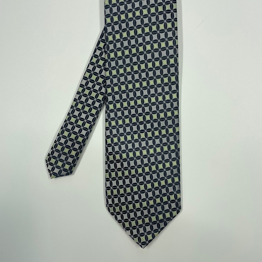 Valerio Garati Grey Silver Lime Green Geometric Pattern Necktie Mens One Size
